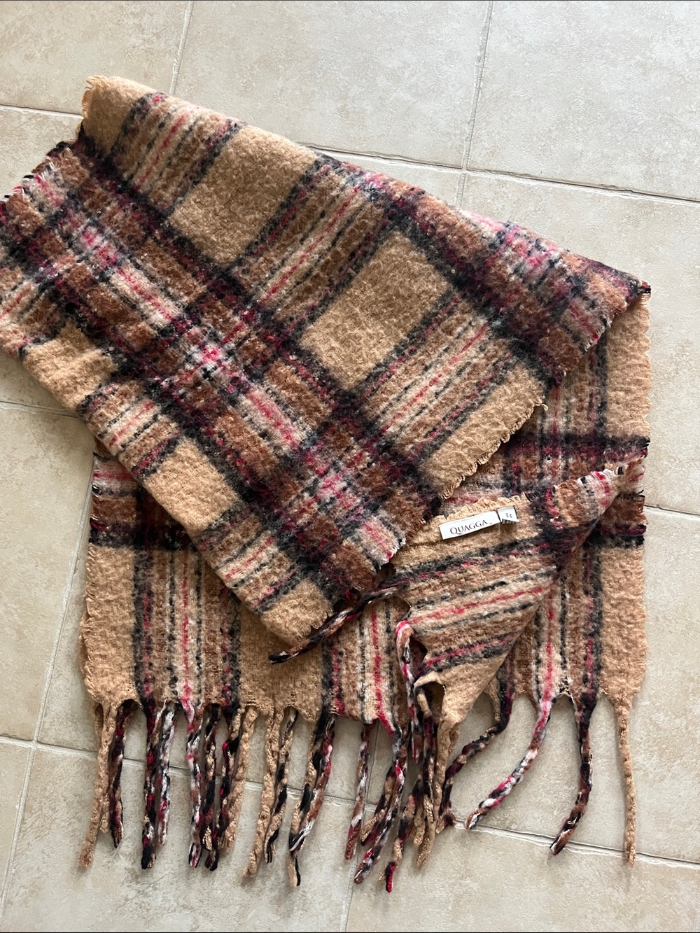Quagga Tan Plaid Fringed Scarf Wrap